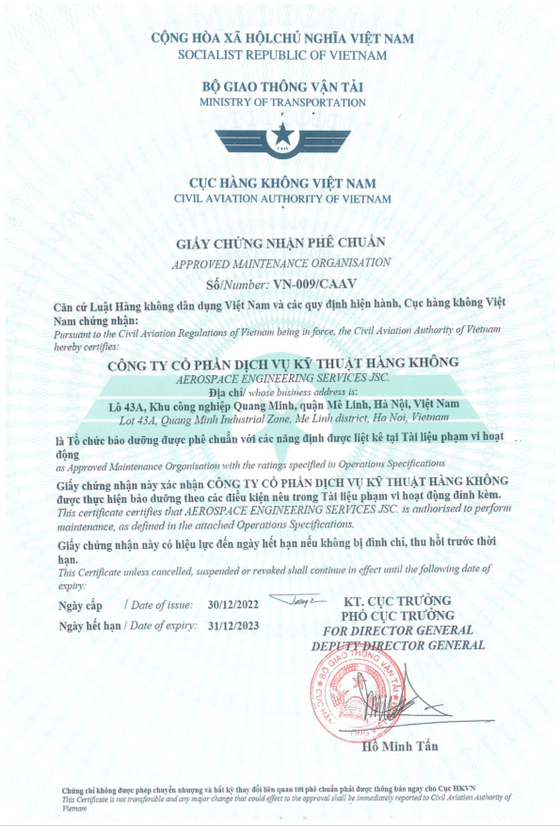 CAAV Maintenance Organisation Approval Certificate